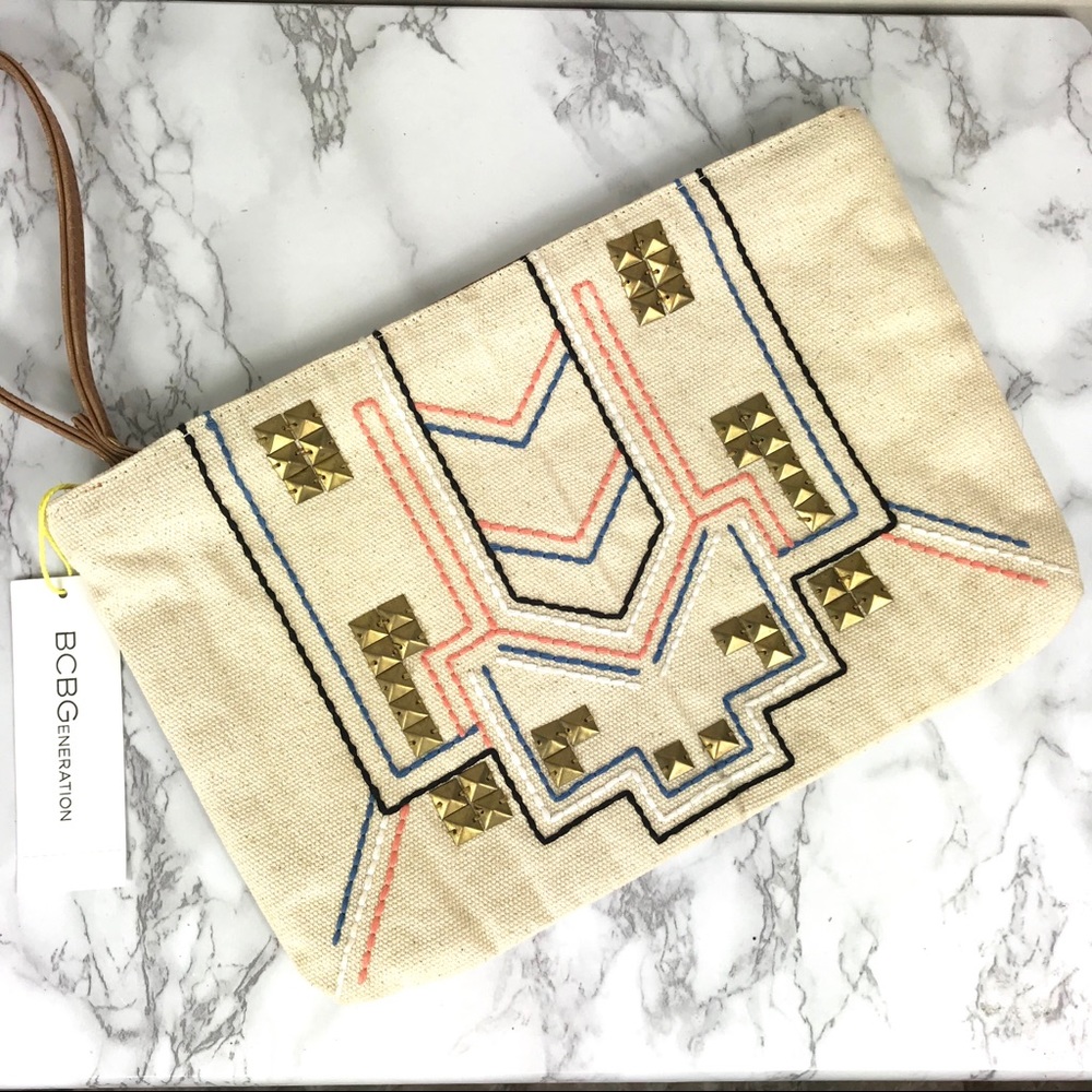NEW BCBG Tribal Embroidered & Stud Clutch Bag travel Bag beach stuff